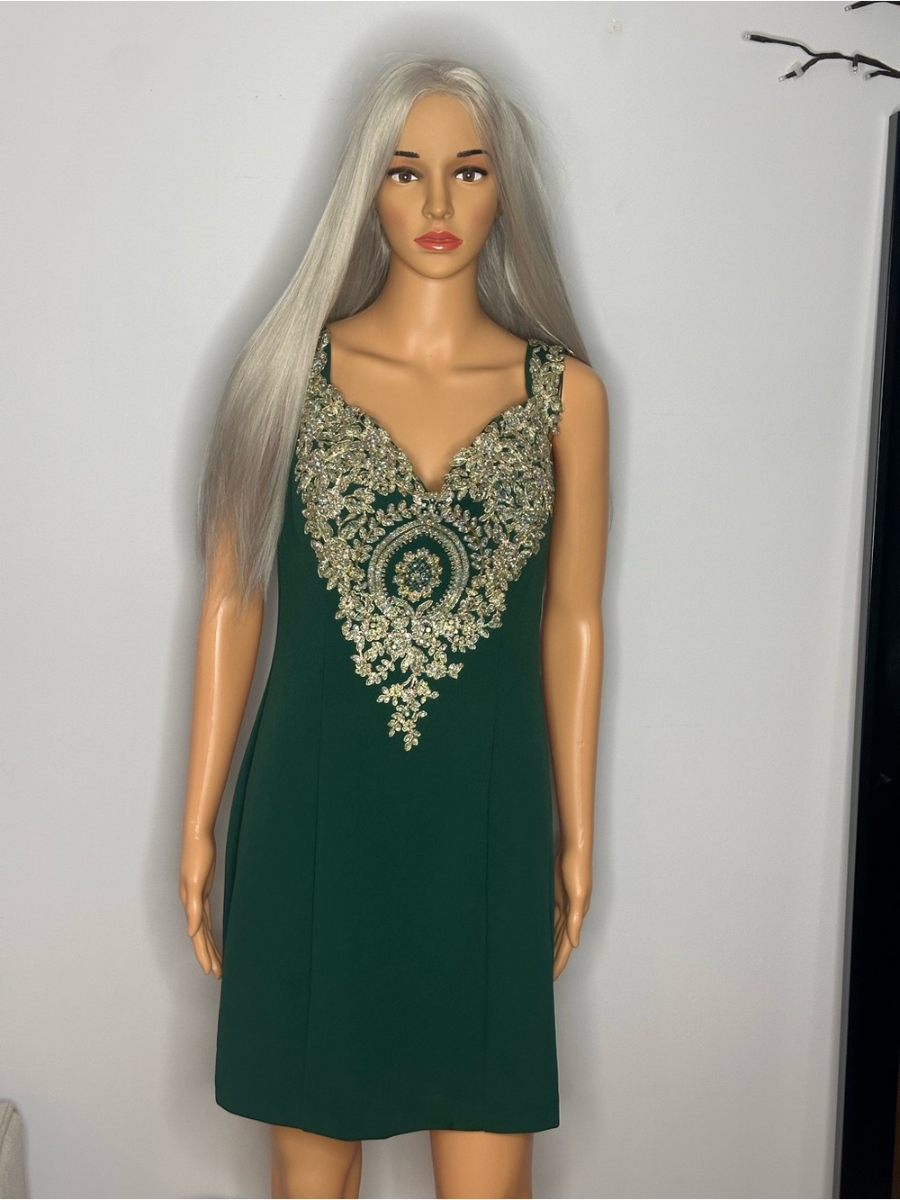 Fiesta Fashion Sz L Green Sleeveless Mini Dress with Gold Embellished V-Neck